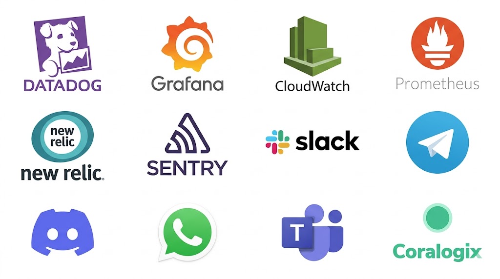 Integrations: Datadog, Grafana, CloudWatch, Prometheus, New Relic, Sentry, Slack, Telegram, Discord, WhatsApp, Teams, Coralogix